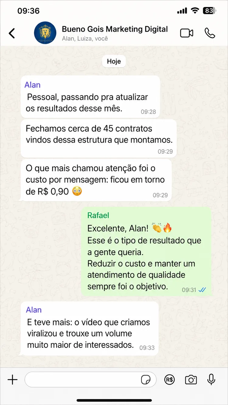 Print de WhatsApp: cliente atualiza os resultados do mês vindos da estrutura de tráfego