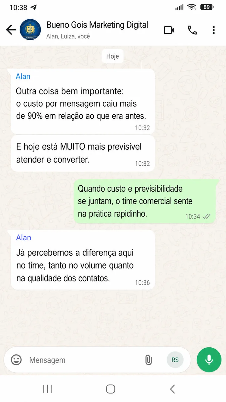 Print de WhatsApp: cliente advogado relata que o custo por mensagem caiu mais de 90% e que ficou muito mais previsível atender e converter