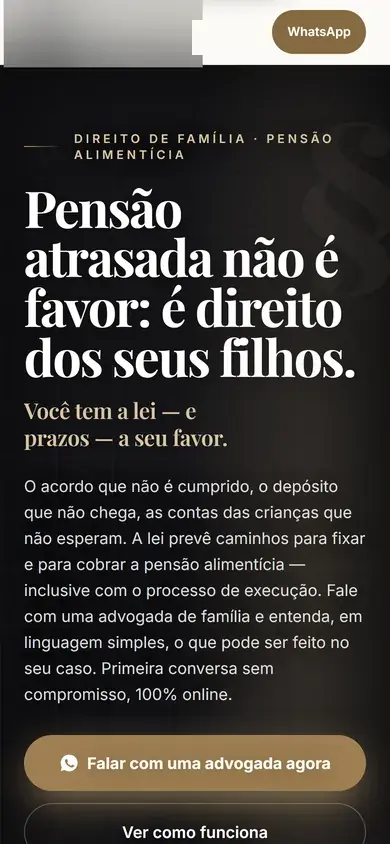 Página de captação real de escritório de direito de família